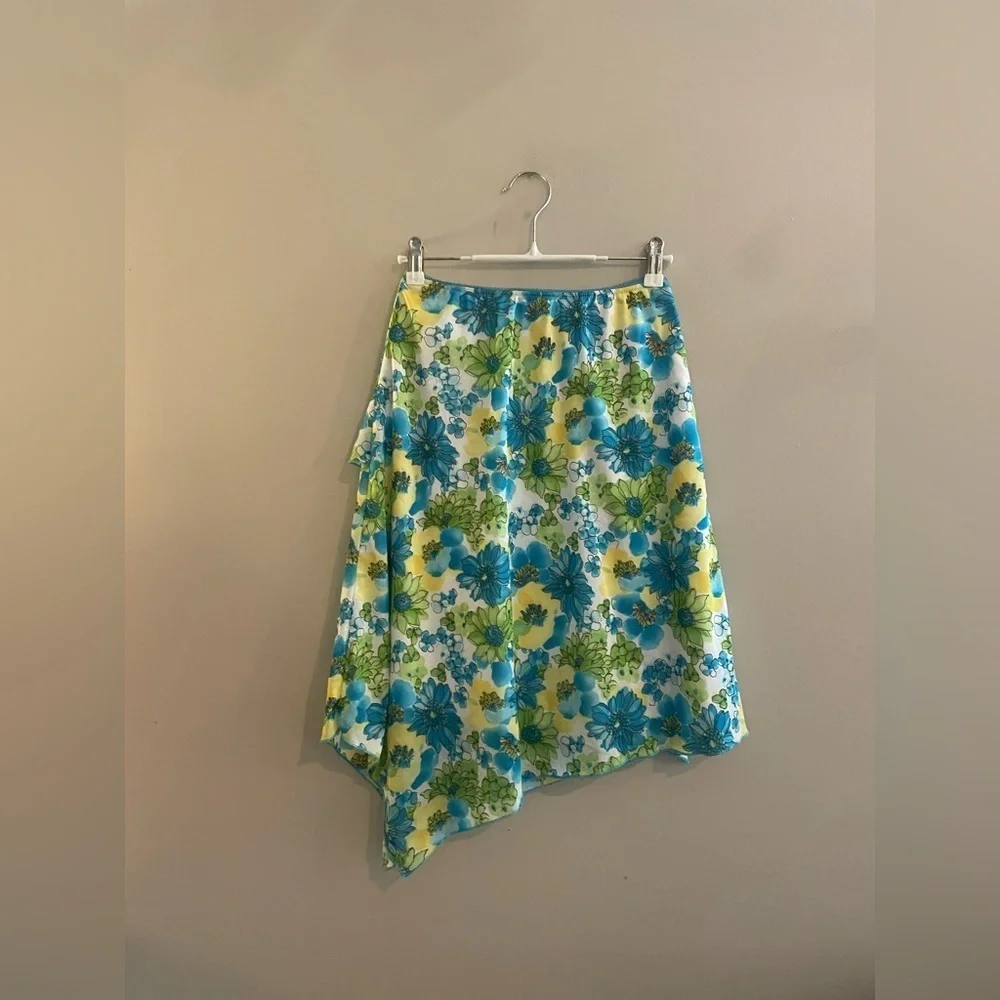 Y2K Vintage MIDI Asymmetrical Skirt Speechless Pre-Teen Blue and Green Floral